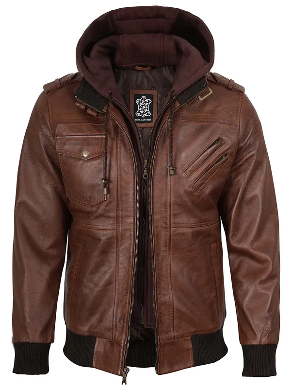 Edgefield – Men’s Cognac Wax Hooded Lambskin Bomber Jacket | MLJ Edition - Image 6