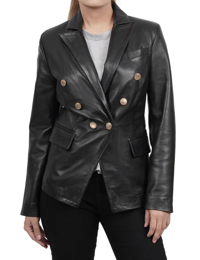 Livora Black Double-Breasted Leather Blazer – Women - Image 5