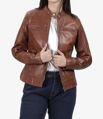 Dodge – Women’s Cognac Wax Lambskin Leather Jacket | MLJ Edition - Image 7