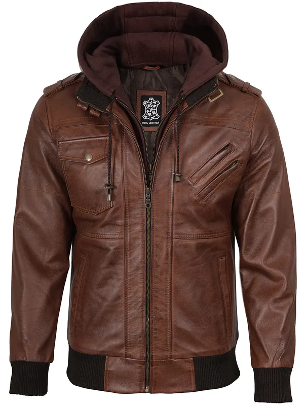 Edgefield – Men’s Cognac Wax Hooded Lambskin Bomber Jacket | MLJ Edition - Image 5