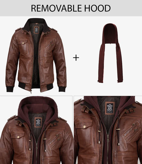 Edgefield – Men’s Cognac Wax Hooded Lambskin Bomber Jacket | MLJ Edition - Image 7