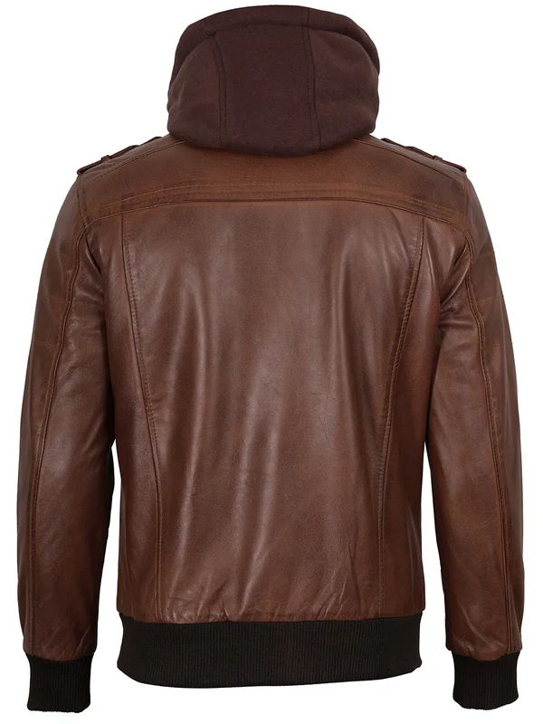 Edgefield – Men’s Cognac Wax Hooded Lambskin Bomber Jacket | MLJ Edition - Image 3
