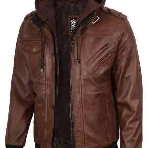 Edgefield – Men’s Cognac Wax Hooded Lambskin Bomber Jacket | MLJ Edition