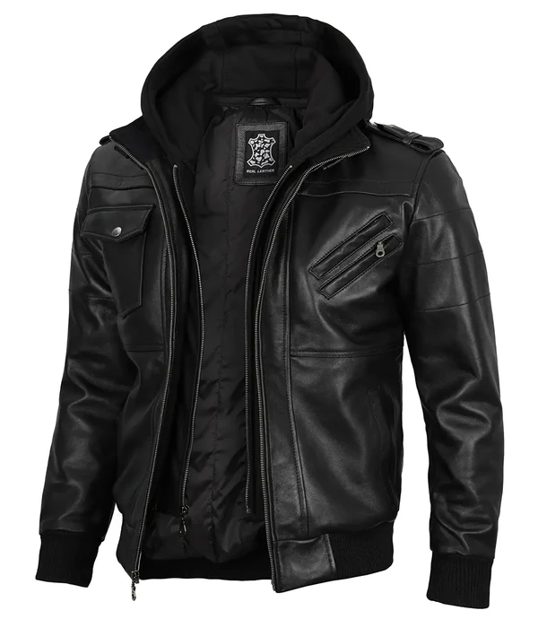 Edgefield – Men’s Black Hooded Lambskin Bomber Jacket | MLJ Edition - Image 3