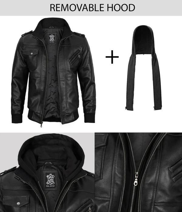 Edgefield – Men’s Black Hooded Lambskin Bomber Jacket | MLJ Edition - Image 4