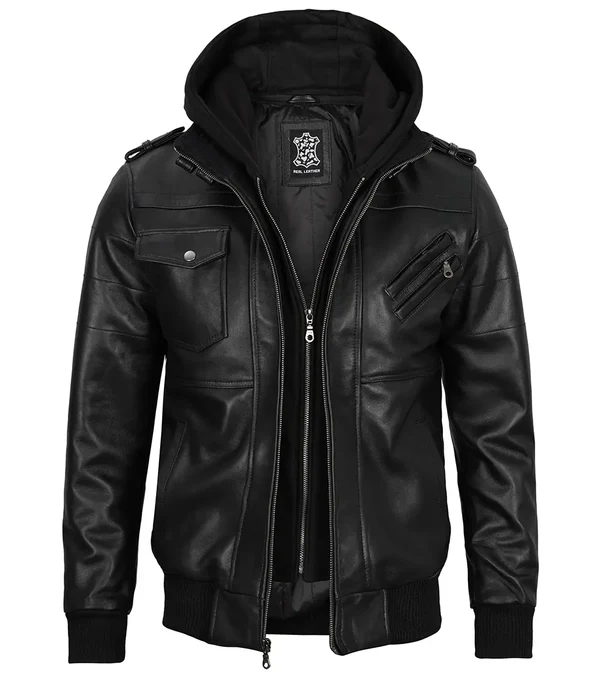 Edgefield – Men’s Black Hooded Lambskin Bomber Jacket | MLJ Edition - Image 6