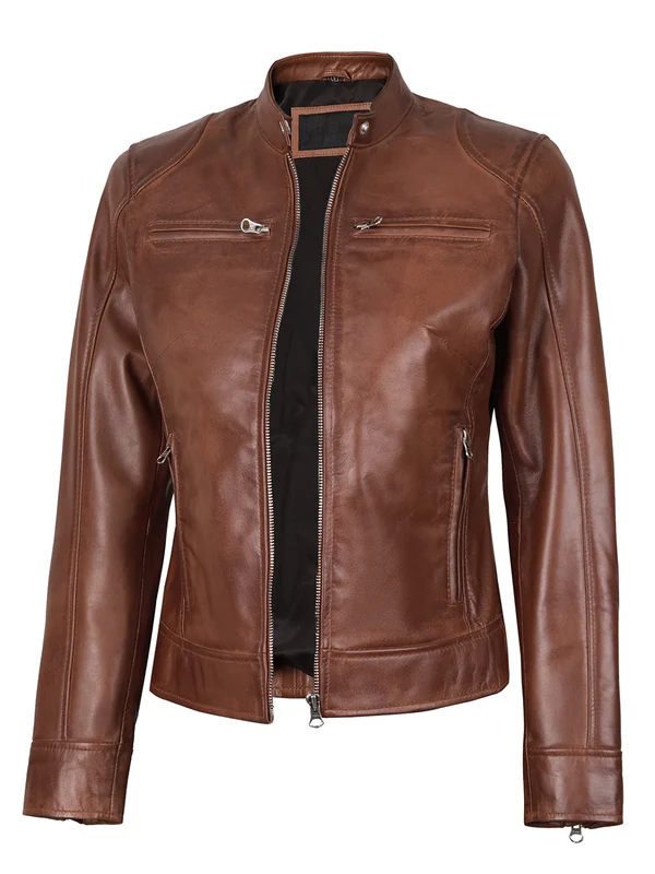 Dodge – Women’s Cognac Wax Lambskin Leather Jacket | MLJ Edition - Image 6