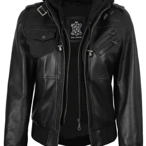 Edgefield – Women’s Black Hooded Lambskin Bomber Jacket | MLJ Edition