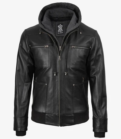 Marxton Black Hooded Leather Jacket – Men - Image 5