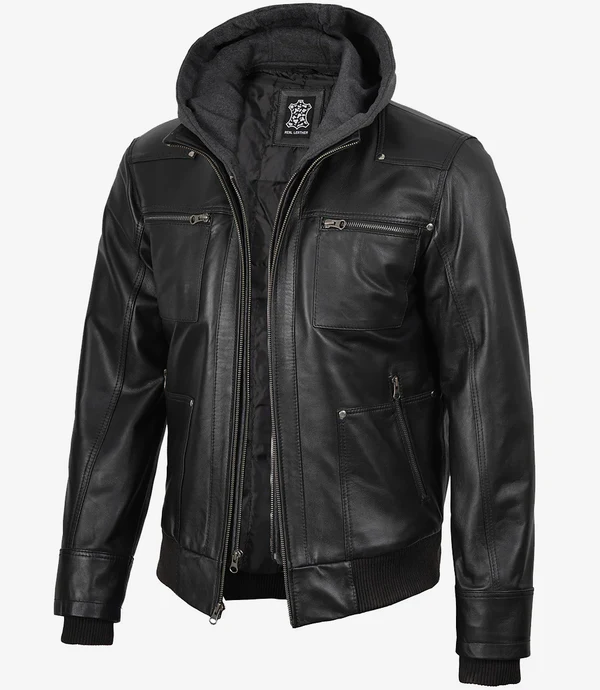Marxton Black Hooded Leather Jacket – Men - Image 4