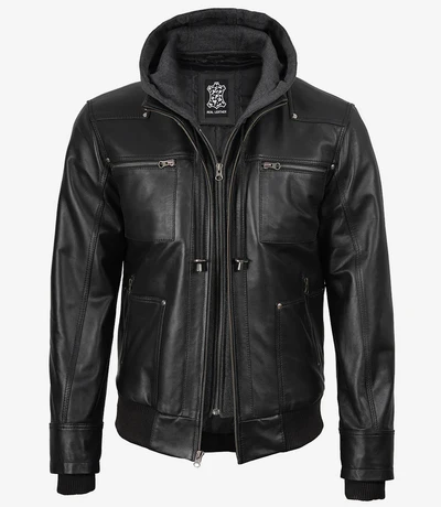Marxton Black Hooded Leather Jacket – Men - Image 3
