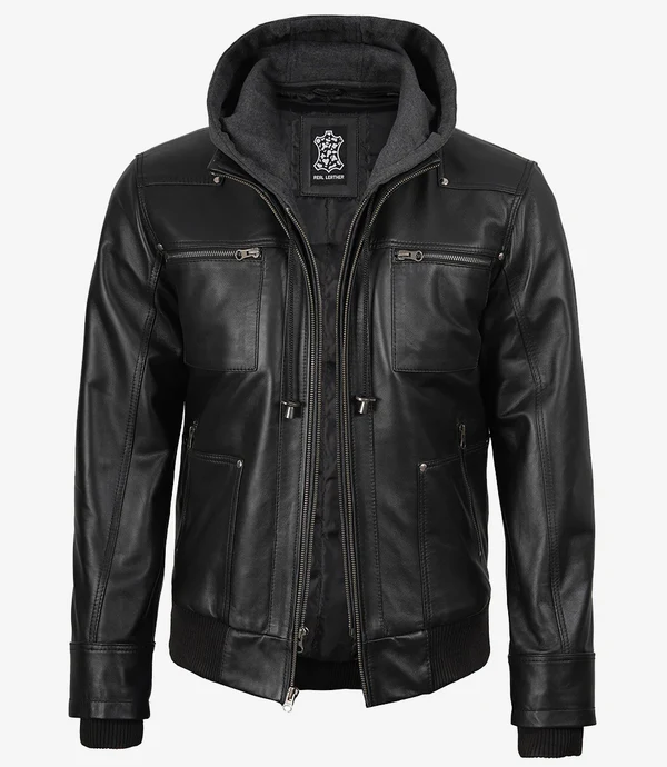 Marxton Black Hooded Leather Jacket – Men - Image 2