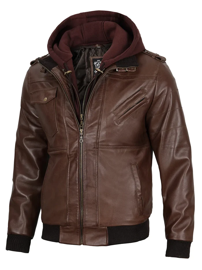 Edgefield – Men’s Dark Brown Hooded Lambskin Bomber Jacket | MLJ Edition - Image 2