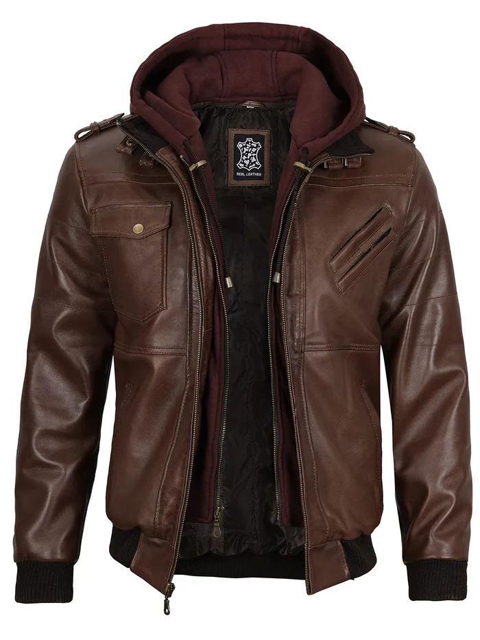 Edgefield – Men’s Dark Brown Hooded Lambskin Bomber Jacket | MLJ Edition - Image 3