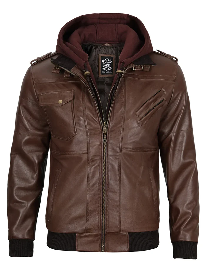 Edgefield – Men’s Dark Brown Hooded Lambskin Bomber Jacket | MLJ Edition - Image 4