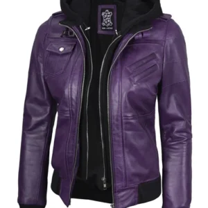 Edgefield Women’s Purple Hooded Leather Jacket